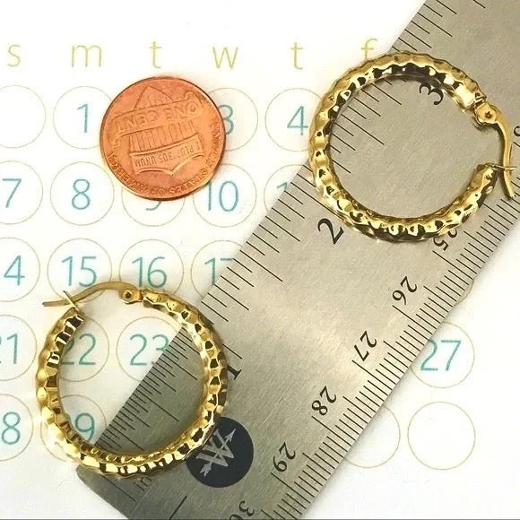 HOOP EARRINGS GOLD PLATED HAMMERED WOMANS IP PVD ION PLATED STAINLESS STEEL - Picture 5 of 10